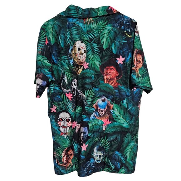 Horror Themed Hawaiian Shirt Mens Size Medium Classic Movie Villains Print Green - Picture 2 of 5
